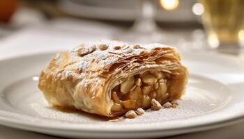 appena al forno dolce Mela strudel su piatto generato di ai foto