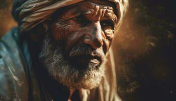 anziano sadhu preghiere per Dio, guardare a telecamera all'aperto generato di ai foto