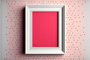 ai generativo 3d rendere, foto telaio con Immagine segnaposto contro rosa cuori decorato parete.