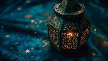 raggiante lanterne illuminare Ramadan notte con spiritualità generato di ai foto