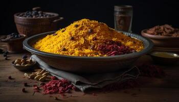 salutare vegetariano pasto curry con fresco Curcuma generato di ai foto