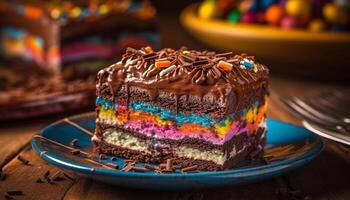 Multi colorato cioccolato torta fetta su di legno piatto generato di ai foto