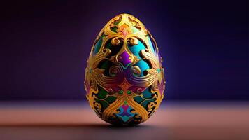 ai generativo 3d rendere di colorato floreale uovo su Marrone e viola sfondo. Pasqua giorno concetto. foto