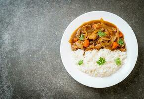 riso giapponese al curry con fettine di maiale, carota e cipolle foto