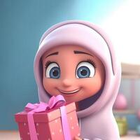 adorabile disney stile personaggio di allegro musulmano ragazza indossare hijab e hold regalo scatola. eid mubarak concetto, generativo ai. foto