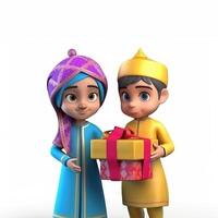 adorabile disney stile personaggio di musulmano bambini con un' regalo scatola, eid mubarak concetto. generativo ai. foto