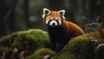 soffice rosso Volpe seduta su albero ramo generato di ai foto