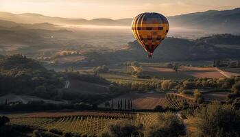 Multi colorato caldo aria Palloncino vola al di sopra di montagne generato di ai foto