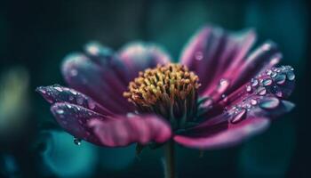 viola gerbera margherita nel morbido messa a fuoco, goccia di rugiada freschezza generato di ai foto