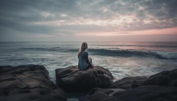 giovane donna medita su sereno paesaggio marino scogliera generato di ai foto