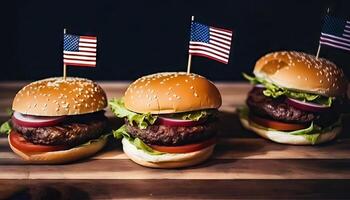 patriottico hamburger sensazione - mini americano bandiere e allettante prelibatezze - generativo ai foto