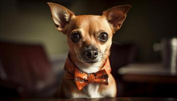 carino terrier cucciolo indossare arco cravatta si siede bella generato di ai foto