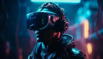 giovane adulto giocando video gioco nel futuristico discoteca generato di ai foto