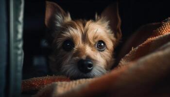 carino piccolo terrier cucciolo dire bugie su letto generato di ai foto