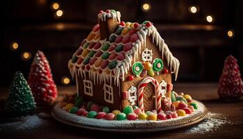 fatti in casa Pan di zenzero Casa decorato con dolce caramella generato di ai foto