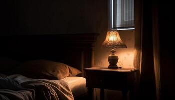 confortevole letto illuminato di moderno elettrico lampada generato di ai foto