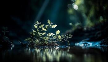 verde le foglie riflettere nel tranquillo stagno acqua generato di ai foto