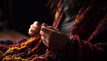 caucasico donna maglieria accogliente di lana maglione in casa generato di ai foto