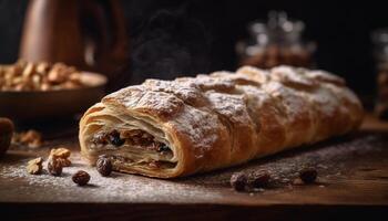 fatti in casa strudel, dolce Pasticcino ripieno con uva passa generato di ai foto