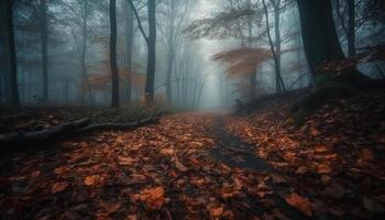 mistero nel il spaventoso autunno foresta paesaggio generato di ai foto