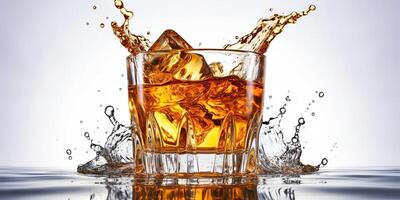 ai generato. ai generativo. bicchiere di whisky con ghiaccio cubi su pianura sfondo. può essere Usato per bar cocktail promozione. signore bere. grafico arte foto