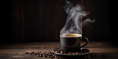 ai generato. ai generativo. mattina prima colazione caffè tazza boccale con piatto fagioli abd aroma Fumo. grafico arte foto