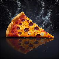 fetta di peperoni Pizza su un' nero superficie. generativo ai. foto