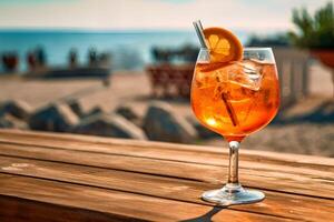 ai generato bicchiere di fresco aperol spritz su di legno tavolo a bar e spiaggia foto