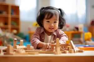 ai generato carino poco ragazzo giocando nel Montessori bambini sviluppo centro foto