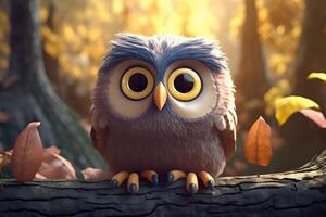 ai generato avvicinamento ritratto di cartone animato pixar 3d gufo seduta su il branchowl foto