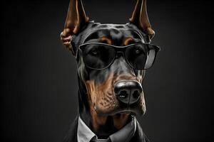 ai generato studio ritratto di grassetto arrabbiato doberman cane nel completo da uomo camicia e cravatta indossare occhiali da sole foto