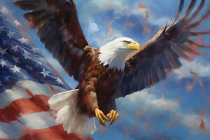 ai generato Stati Uniti d'America 4 ° luglio indipendenza giorno celebrazione con bandiera aquila, persone e bellissimo ragazza foto