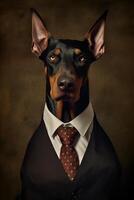 ai generato studio ritratto di grassetto arrabbiato doberman cane nel completo da uomo camicia e cravatta indossare occhiali da sole foto