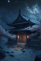 giapponese tempio a notte con un' pieno Luna nel il cielo. generativo ai. foto