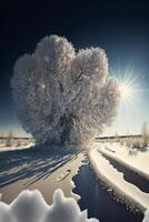 neve coperto albero seduta su superiore di un' neve coperto campo. generativo ai. foto