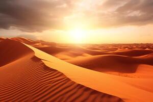 il bellissimo sabbia duna deserto paesaggio e tramonto sfondo. generativo ai foto