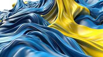 astratto blu e giallo raso stoffa fluente nel il vento ai generato foto