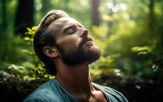 attraente barbuto uomo respirazione in profondità nel all'aperto. generativo ai. foto