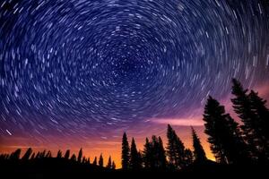 sbalorditivo notte cielo pieno con stelle e circondato di alberi. generativo ai foto