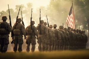 uomini nel militare uniformi in posa nel davanti di un americano bandiera. generativo ai foto