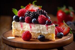 sontuoso dolce, dolce torta con fresco frutti di bosco su un' di legno superficie ai generato foto