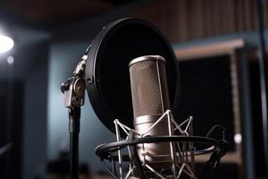 studio microfono e pop scudo su mic nel il vuoto registrazione studio con copia spazio ai generato foto