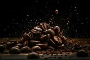 caffè fagioli caduta in un' spruzzo di cioccolato su un' nero sfondo foto