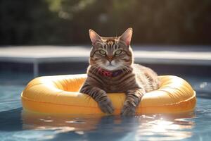 un' carino gatto indossare occhiali da sole dire bugie su un' galleggiante nel nuoto piscina. generativo ai foto