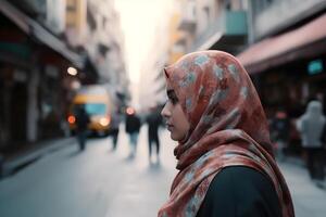 bellissimo musulmano donna indossare hijab sta nel un' città strada. generativo ai foto