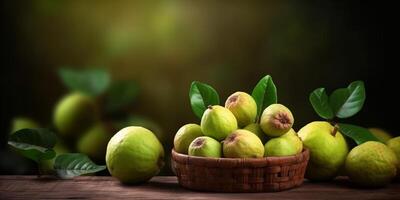 guaiava su cestino biologico frutta copia spazio sfondo, generativo ai foto