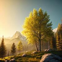 sorprendente montagna paesaggio con colorato vivido tramonto su il cielo, generativo ai foto