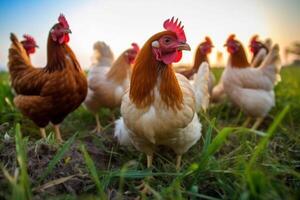 gregge di polli galline su un' campo, sfocato sfondo, generativo ai foto