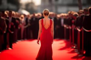donna attrice influssi in posa su un' rosso tappeto davanti di media, bellissimo ragazza, generativo ai foto