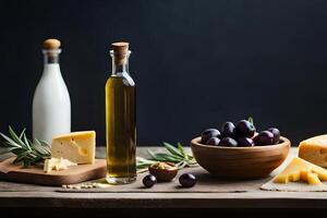 olive e oliva olio su nero pietra sfondo, cucina nero asse, buio sfondo, pubblicità concetto fotografia. ai generato foto